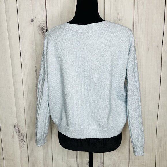Windsor Cable Knit Cropped Sweater Sz M Light Blue Long Sleeve V-Neck - Picture 7 of 8